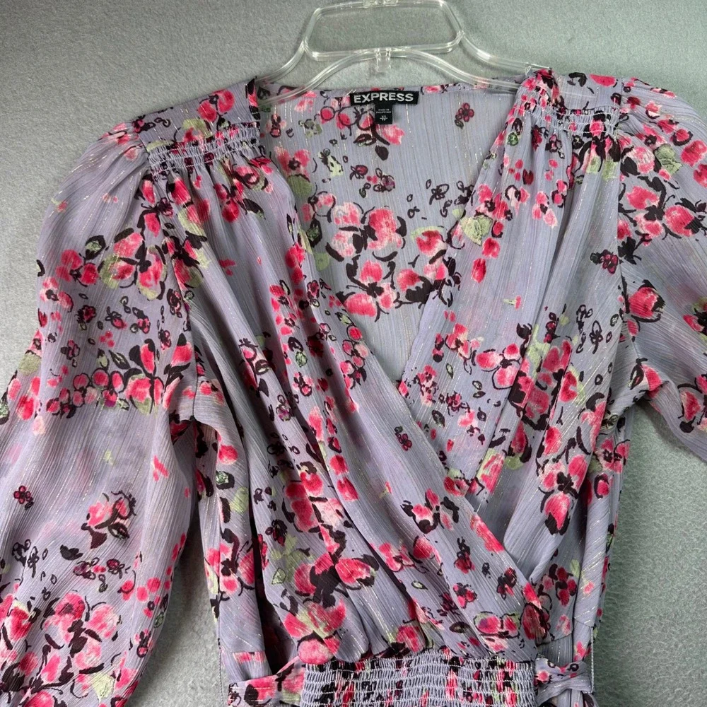 Express Boho Floral Metallic Wrap Blouse Smocked‎ Waist Lavender Romantic XS